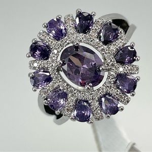 Exquisite Statement Purple Amethyst White Diamond CZ Silver Plated Boho Ring